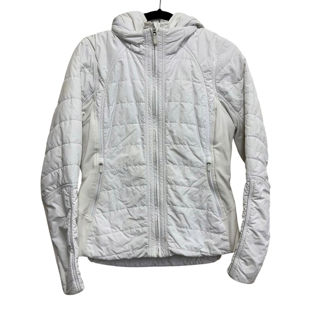 Lululemon Extra Mile Puffer Size 8 White Hooded Quilted Insulated Full Zip